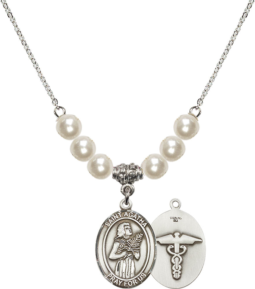 Sterling Silver Saint Agatha / Nurse Birthstone Necklace with Faux-Pearl Beads - 8003