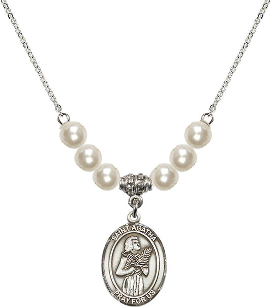 Sterling Silver Saint Agatha Birthstone Necklace with Faux-Pearl Beads - 8003