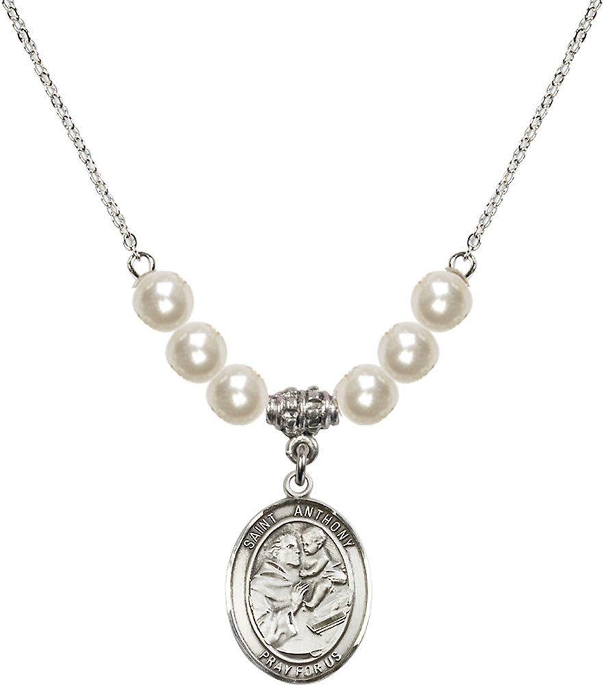 Sterling Silver Saint Anthony of Padua Birthstone Necklace with Faux-Pearl Beads - 8004