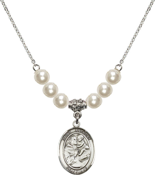 Sterling Silver Saint Anthony of Padua Birthstone Necklace with Faux-Pearl Beads - 8004
