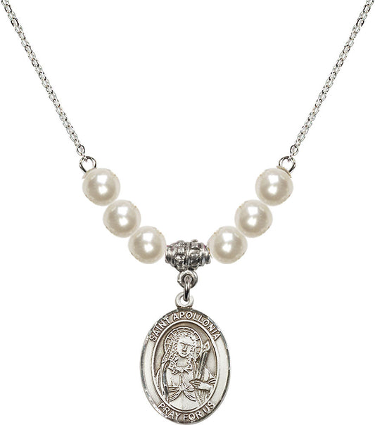 Sterling Silver Saint Apollonia Birthstone Necklace with Faux-Pearl Beads - 8005