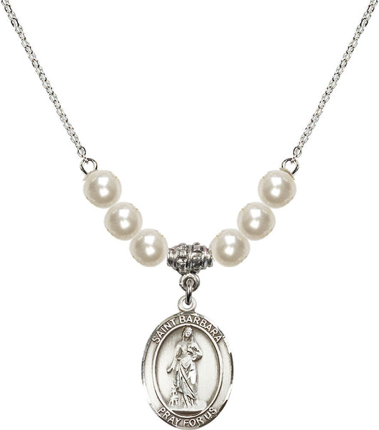 Sterling Silver Saint Barbara Birthstone Necklace with Faux-Pearl Beads - 8006