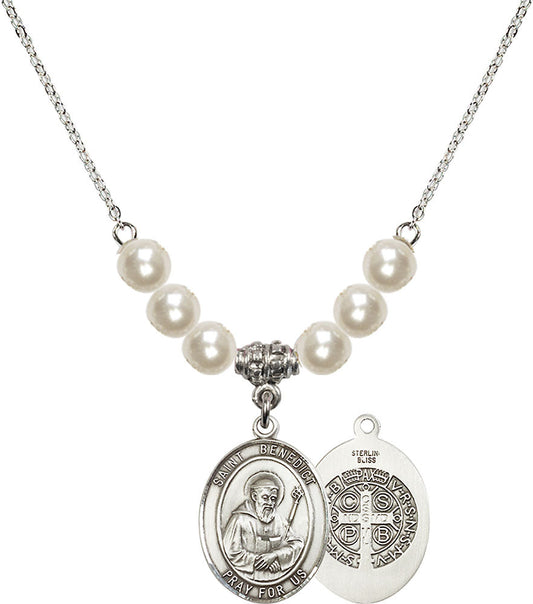 Sterling Silver Saint Benedict Birthstone Necklace with Faux-Pearl Beads - 8008