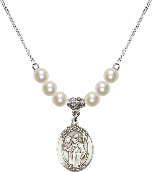 Sterling Silver Saint Boniface Birthstone Necklace with Faux-Pearl Beads - 8009
