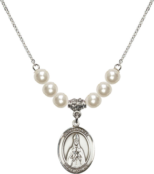 Sterling Silver Saint Blaise Birthstone Necklace with Faux-Pearl Beads - 8010