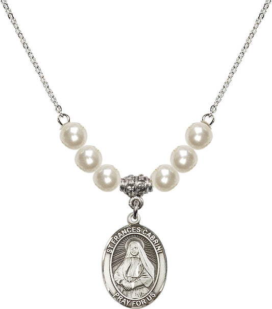 Sterling Silver Saint Frances Cabrini Birthstone Necklace with Faux-Pearl Beads - 8011