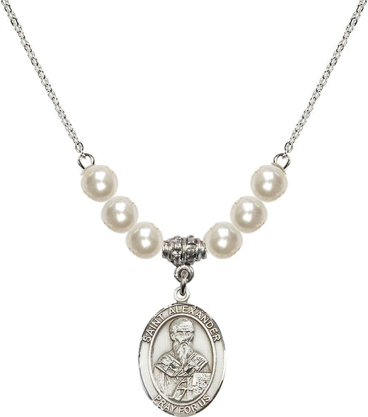 Sterling Silver Saint Alexander Sauli Birthstone Necklace with Faux-Pearl Beads - 8012