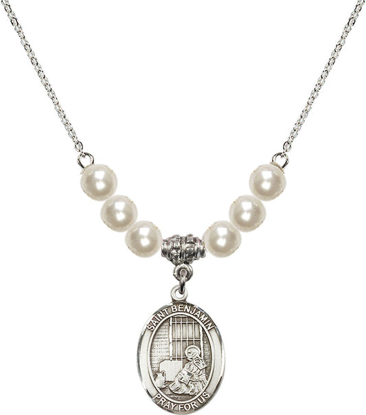 Sterling Silver Saint Benjamin Birthstone Necklace with Faux-Pearl Beads - 8013