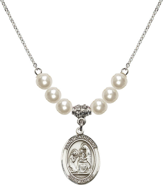 Sterling Silver Saint Catherine of Siena Birthstone Necklace with Faux-Pearl Beads - 8014
