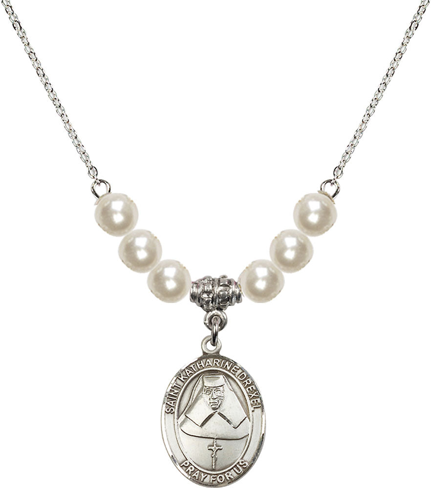 Sterling Silver Saint Katharine Drexel Birthstone Necklace with Faux-Pearl Beads - 8015