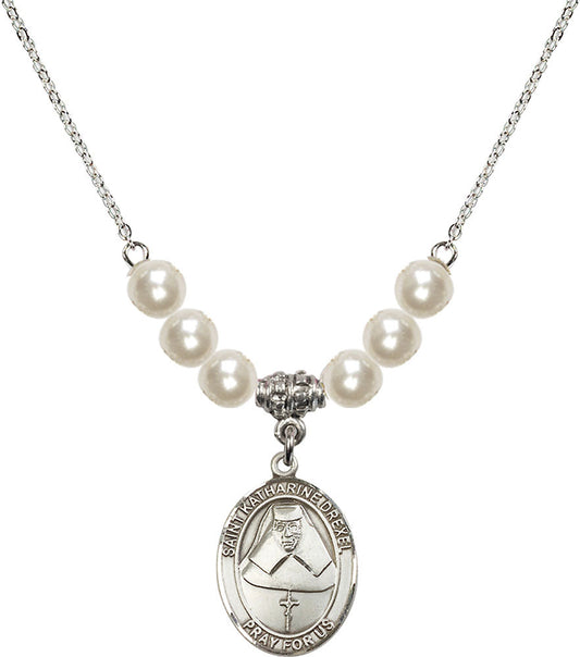 Sterling Silver Saint Katharine Drexel Birthstone Necklace with Faux-Pearl Beads - 8015