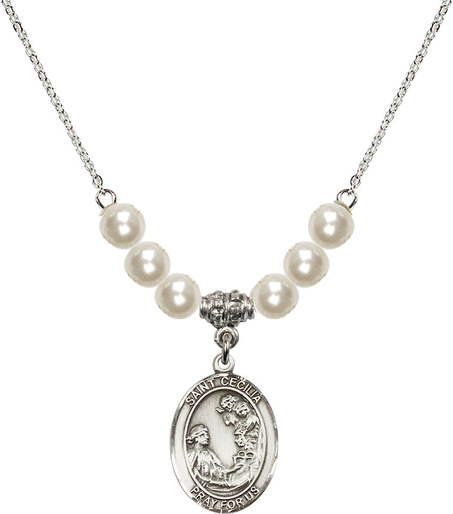Sterling Silver Saint Cecilia Birthstone Necklace with Faux-Pearl Beads - 8016