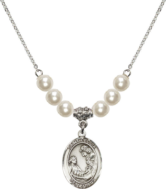 Sterling Silver Saint Cecilia Birthstone Necklace with Faux-Pearl Beads - 8016