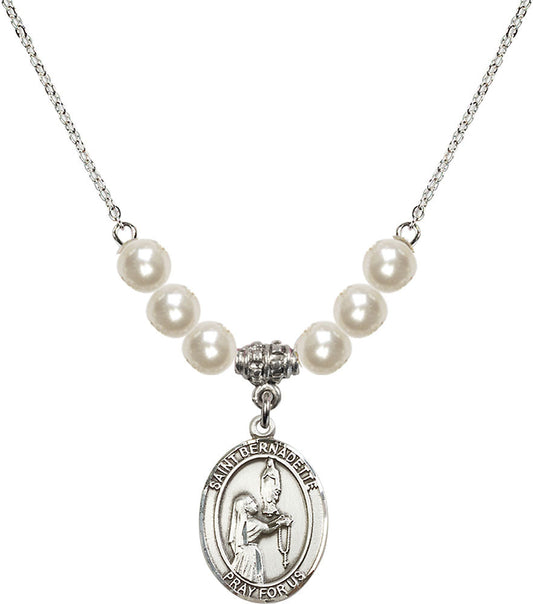 Sterling Silver Saint Bernadette Birthstone Necklace with Faux-Pearl Beads - 8017