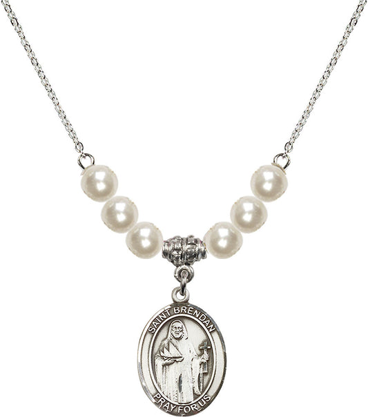 Sterling Silver Saint Brendan the Navigator Birthstone Necklace with Faux-Pearl Beads - 8018