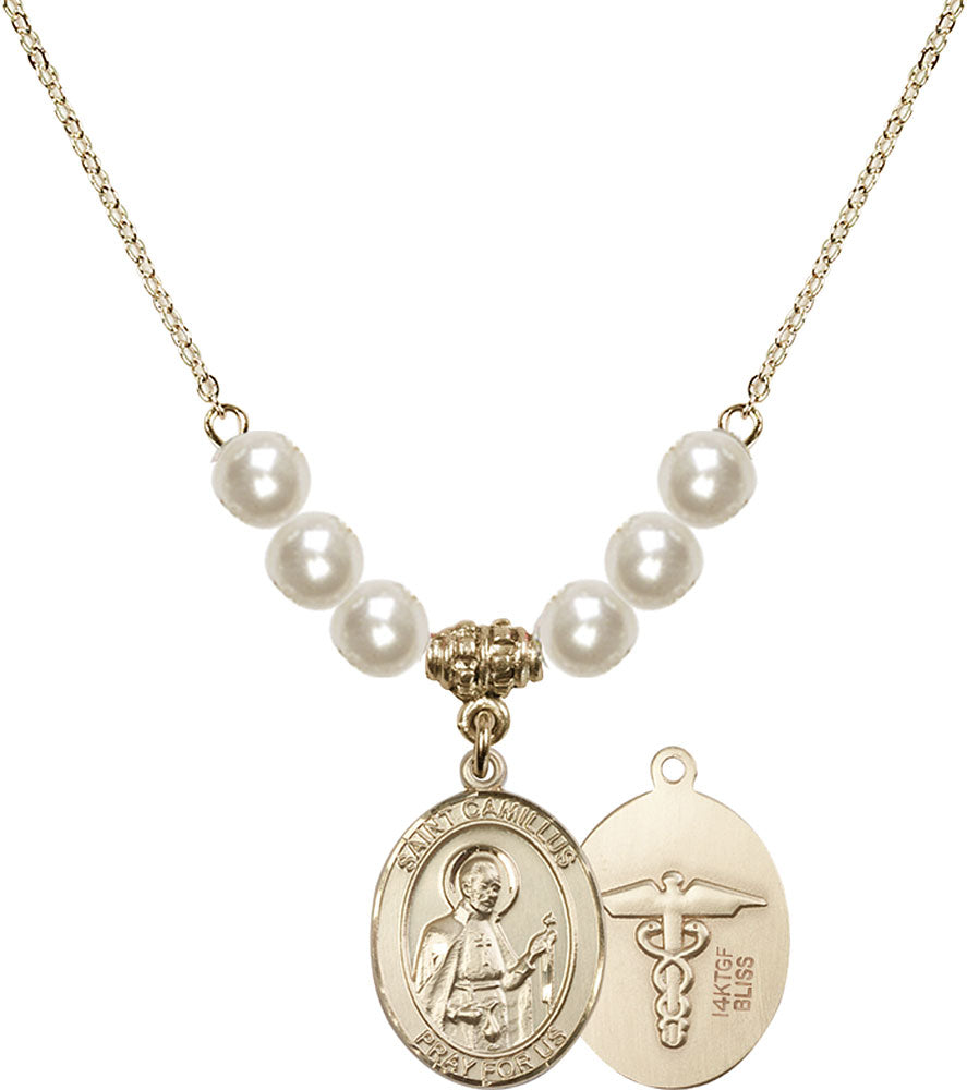 14kt Gold Filled Saint Camillus of Lellis / Nurse Birthstone Necklace with Faux-Pearl Beads - 8019