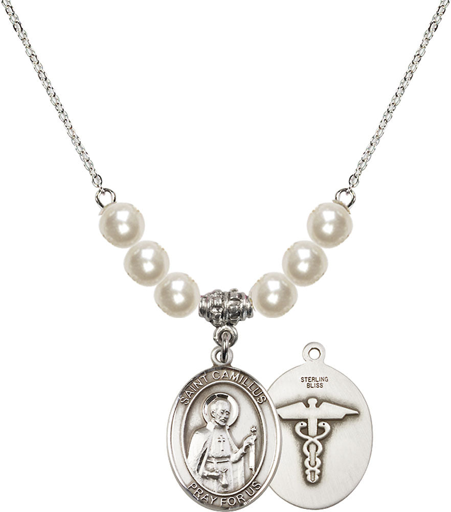 Sterling Silver Saint Camillus of Lellis / Nurse Birthstone Necklace with Faux-Pearl Beads - 8019