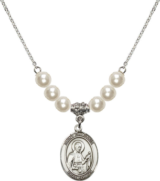 Sterling Silver Saint Camillus of Lellis Birthstone Necklace with Faux-Pearl Beads - 8019
