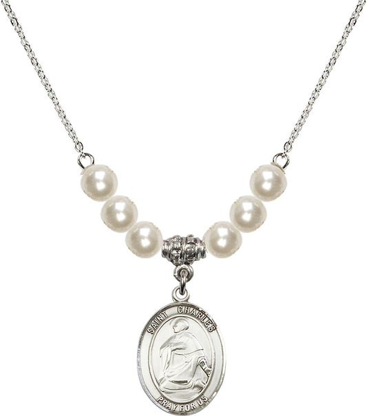 Sterling Silver Saint Charles Borromeo Birthstone Necklace with Faux-Pearl Beads - 8020