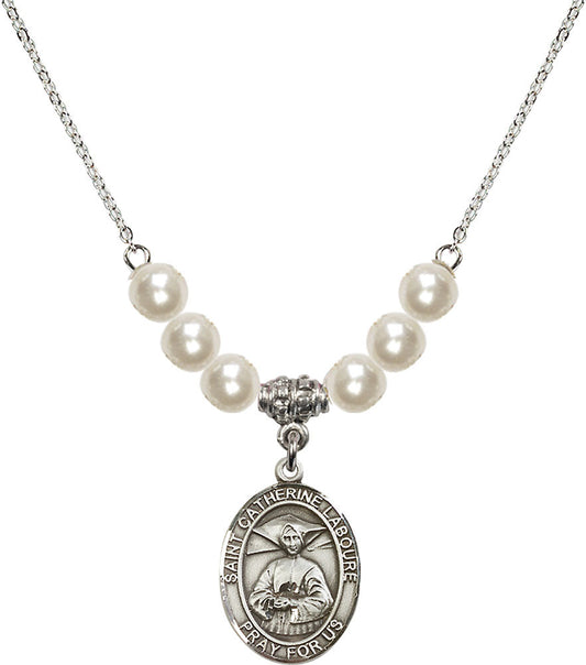 Sterling Silver Saint Catherine Laboure Birthstone Necklace with Faux-Pearl Beads - 8021
