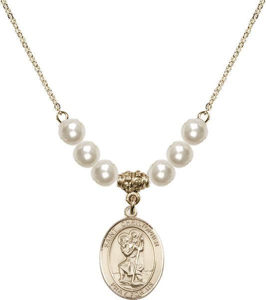 14kt Gold Filled Saint Christopher Birthstone Necklace with Faux-Pearl Beads - 8022