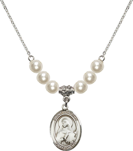 Sterling Silver Saint Dorothy Birthstone Necklace with Faux-Pearl Beads - 8023