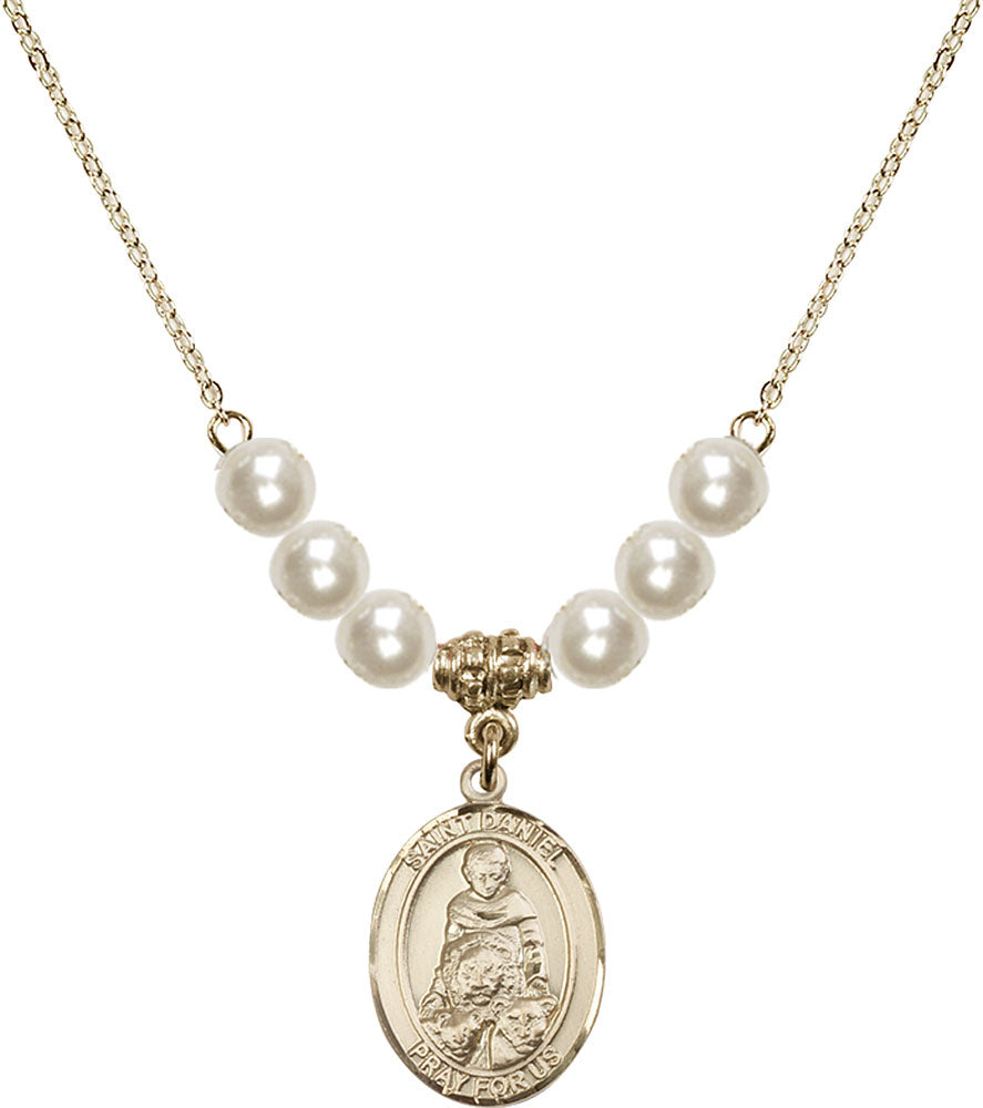 14kt Gold Filled Saint Daniel Birthstone Necklace with Faux-Pearl Beads - 8024