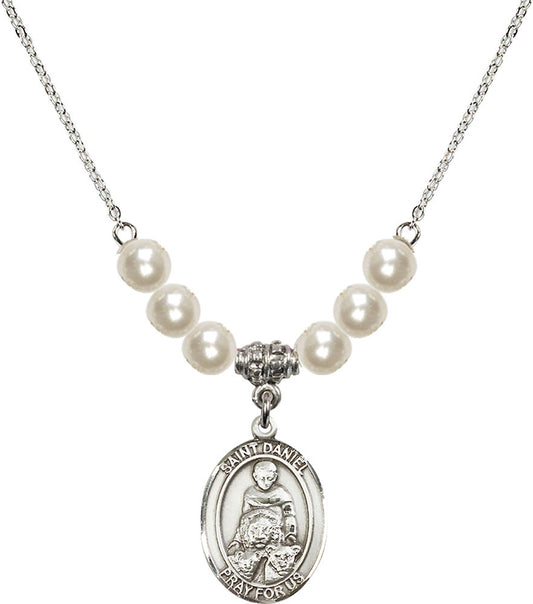Sterling Silver Saint Daniel Birthstone Necklace with Faux-Pearl Beads - 8024