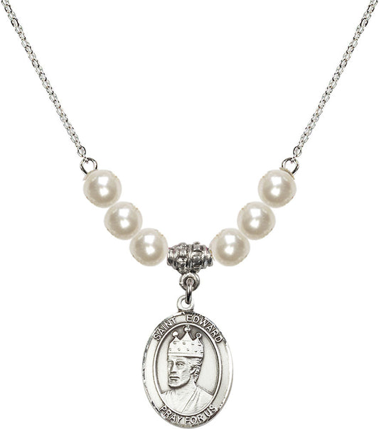 Sterling Silver Saint Edward the Confessor Birthstone Necklace with Faux-Pearl Beads - 8026