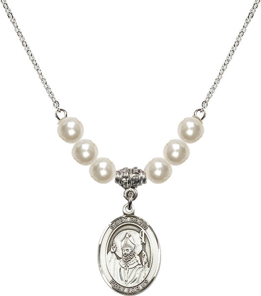 Sterling Silver Saint David of Wales Birthstone Necklace with Faux-Pearl Beads - 8027