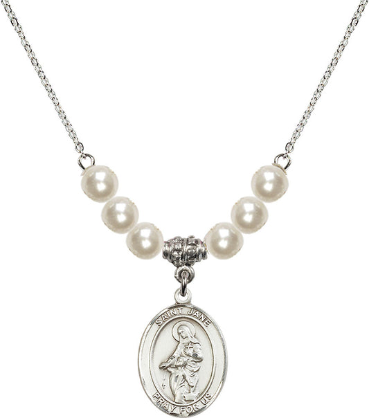 Sterling Silver Saint Jane of Valois Birthstone Necklace with Faux-Pearl Beads - 8029
