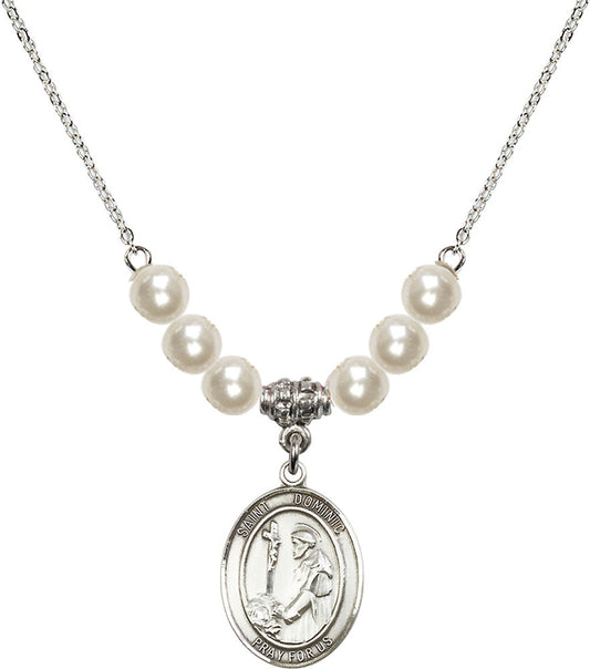Sterling Silver Saint Dominic de Guzman Birthstone Necklace with Faux-Pearl Beads - 8030