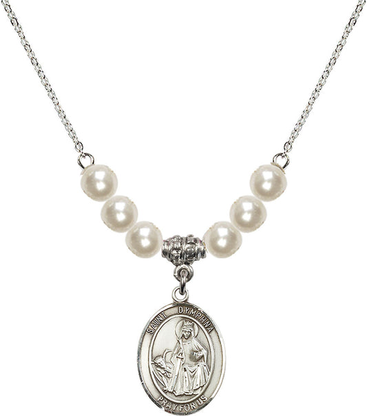 Sterling Silver Saint Dymphna Birthstone Necklace with Faux-Pearl Beads - 8032