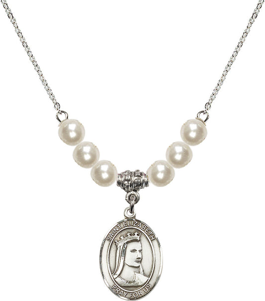 Sterling Silver Saint Elizabeth of Hungary Birthstone Necklace with Faux-Pearl Beads - 8033