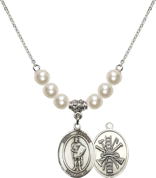 Sterling Silver Saint Florian/Firefighter Birthstone Necklace with Faux-Pearl Beads - 8034