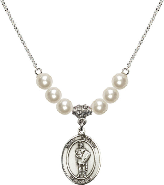 Sterling Silver Saint Florian Birthstone Necklace with Faux-Pearl Beads - 8034