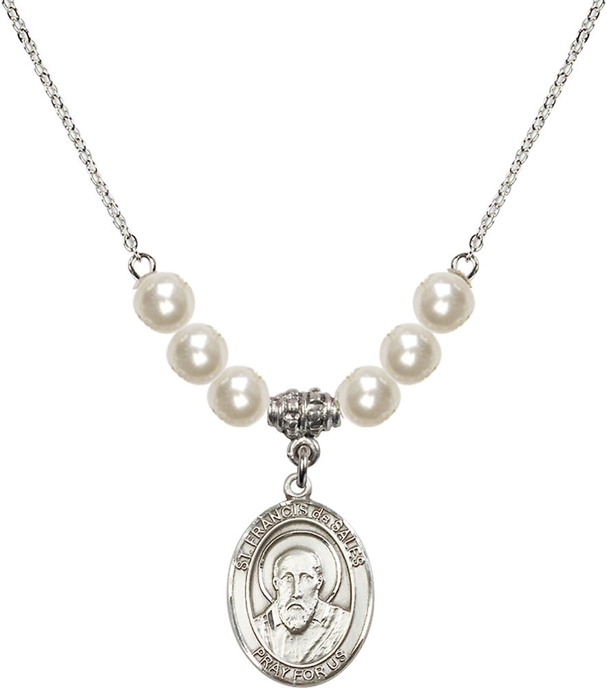 Sterling Silver Saint Francis de Sales Birthstone Necklace with Faux-Pearl Beads - 8035