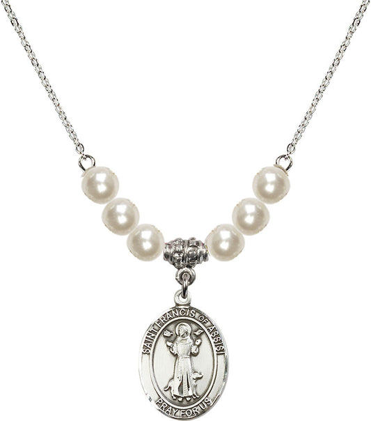 Sterling Silver Saint Francis of Assisi Birthstone Necklace with Faux-Pearl Beads - 8036