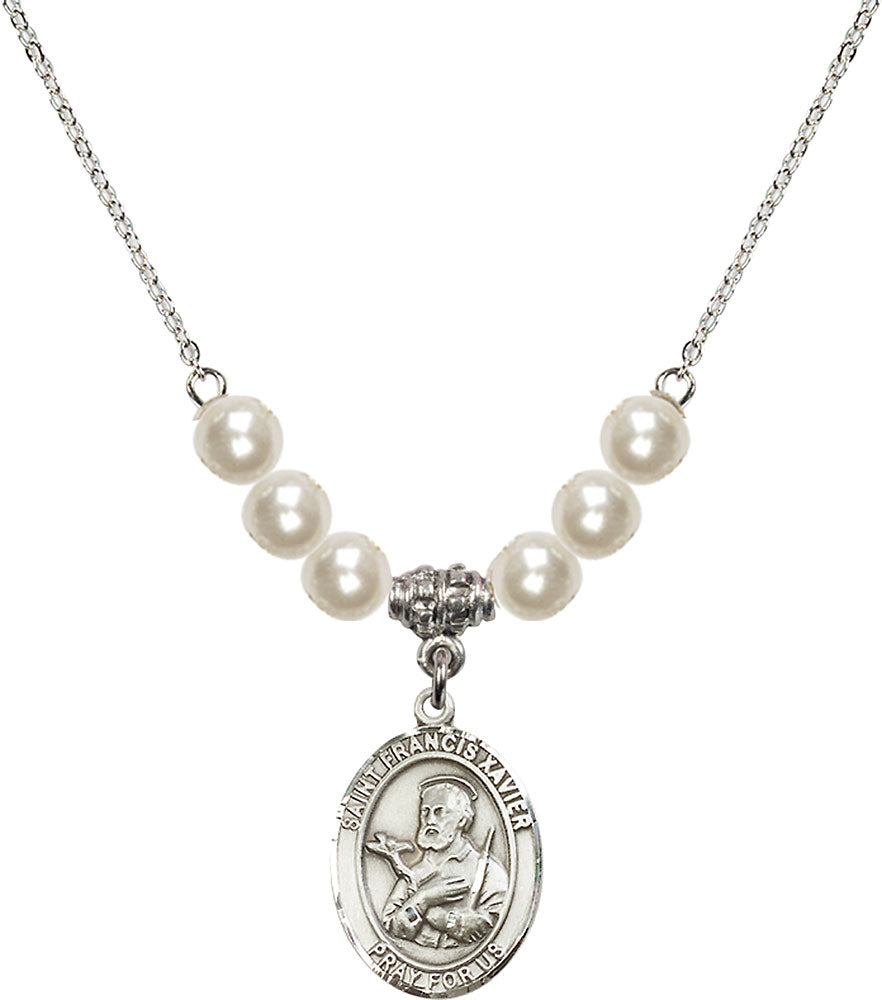 Sterling Silver Saint Francis Xavier Birthstone Necklace with Faux-Pearl Beads - 8037