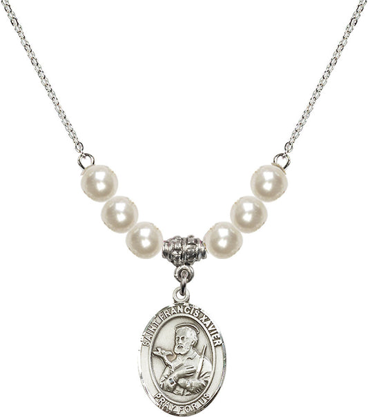 Sterling Silver Saint Francis Xavier Birthstone Necklace with Faux-Pearl Beads - 8037