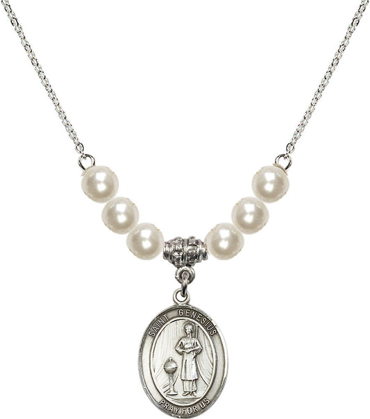 Sterling Silver Saint Genesius of Rome Birthstone Necklace with Faux-Pearl Beads - 8038
