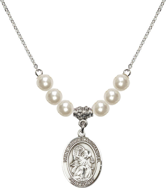 Sterling Silver Saint Gabriel the Archangel Birthstone Necklace with Faux-Pearl Beads - 8039