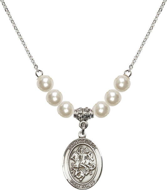 Sterling Silver Saint George Birthstone Necklace with Faux-Pearl Beads - 8040