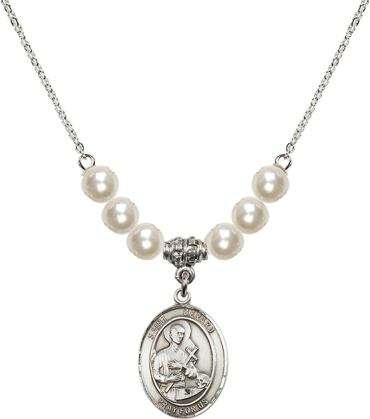 Sterling Silver Saint Gerard Majella Birthstone Necklace with Faux-Pearl Beads - 8042