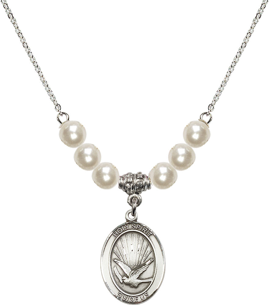 Sterling Silver Holy Spirit Birthstone Necklace with Faux-Pearl Beads - 8044
