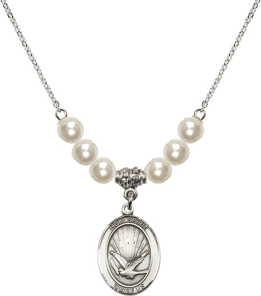 Sterling Silver Holy Spirit Birthstone Necklace with Faux-Pearl Beads - 8044