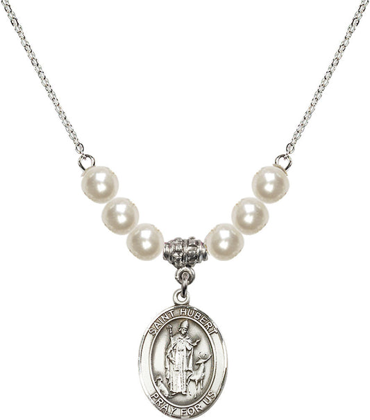 Sterling Silver Saint Hubert of Liege Birthstone Necklace with Faux-Pearl Beads - 8045
