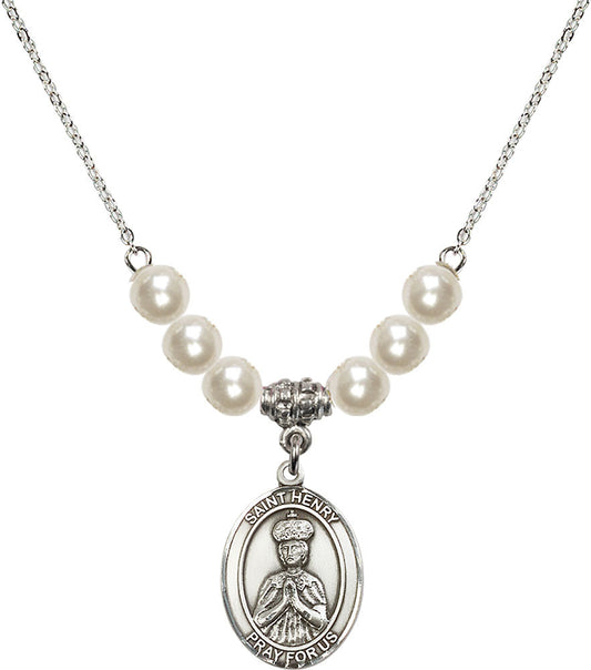 Sterling Silver Saint Henry II Birthstone Necklace with Faux-Pearl Beads - 8046