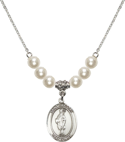 Sterling Silver Saint Gregory the Great Birthstone Necklace with Faux-Pearl Beads - 8048