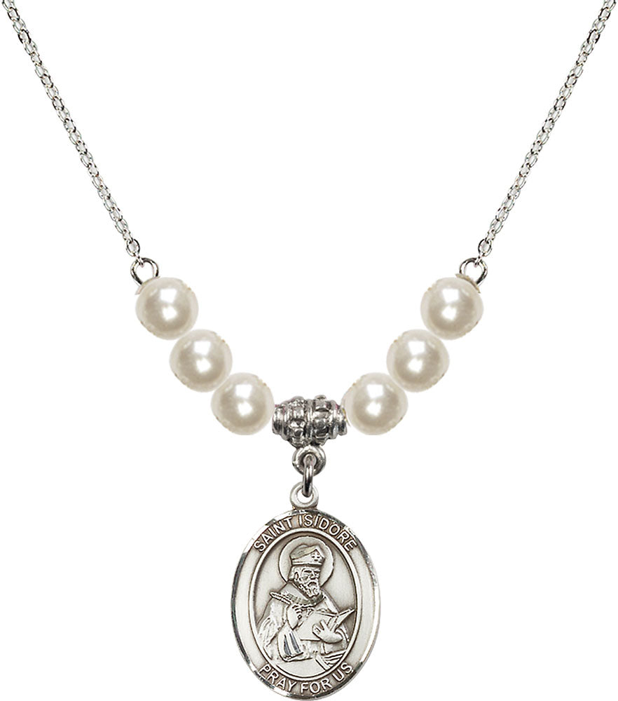 Sterling Silver Saint Isidore of Seville Birthstone Necklace with Faux-Pearl Beads - 8049
